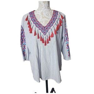 Chico's Peasant Embroidered Striped Blouse with Tassels Boho Women's Large